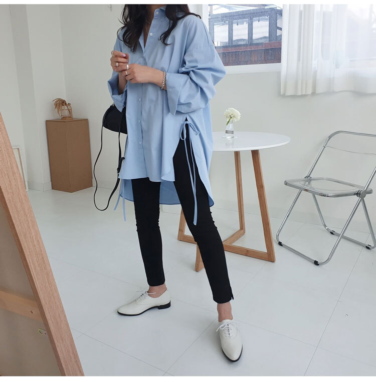 【送料無料】レディース シャツ ロング丈 サイドリボン 長袖 大人可愛い ママコーデ