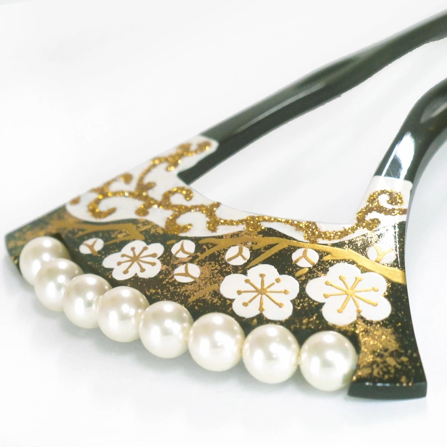 花しおり 高級 かんざし バチ型 古典 レトロ 送料無料 婚礼 結婚式 卒業式 和装 着物 着物 浴衣 ヘアアクセサリー パール 梅 金彩 黒【9518-3】 送料無料 日本製