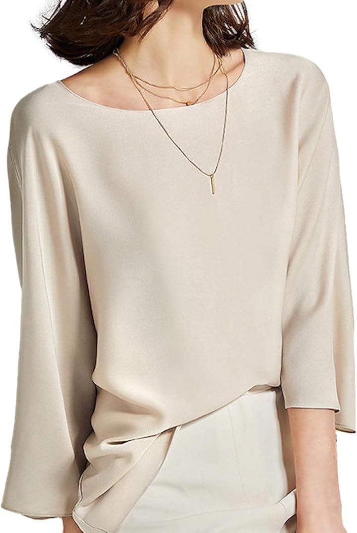 とろみブラウス レディース 七分袖 ラウンドネック シルキータッチ 無地 プルオーバー エレガント サテン風 ゆったり トップスレディース 上品 エレカジ 辛口(ベージュ, L) 4,519円