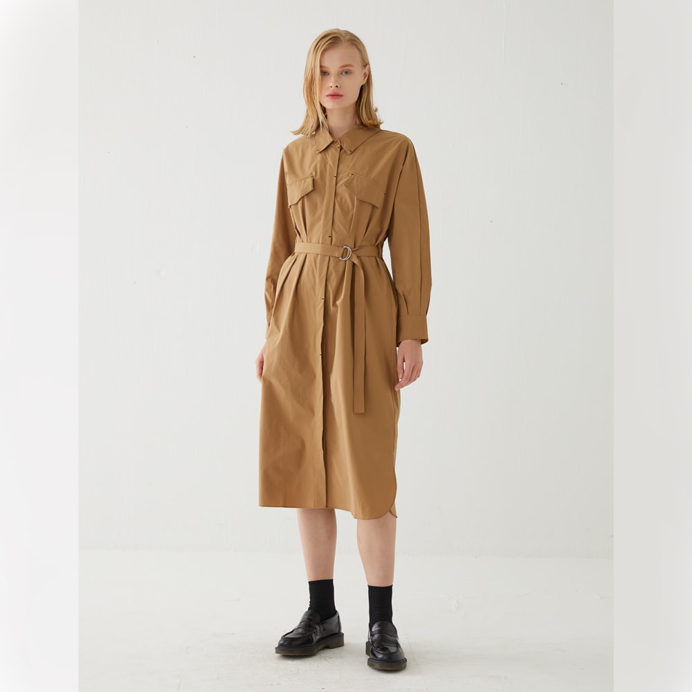 Pintucked Silky 3/4 Sleeves Shirt-dress (Brown)