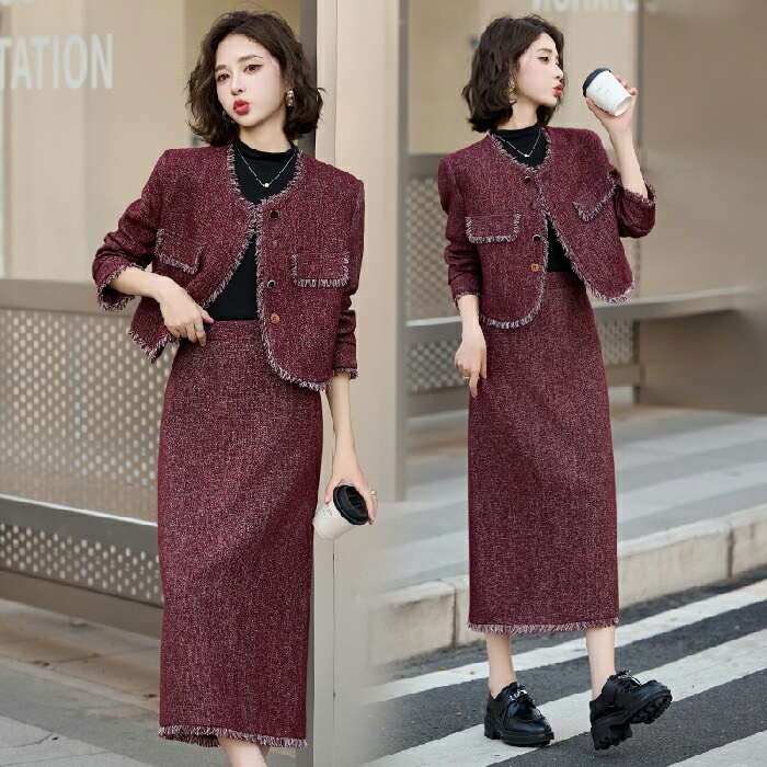スカートスーツ 2点セット セットアップ レディース ツイード調 スカート Iライン ジャケット ノーカラー ロングスカート 長袖 春 秋 レディース ツイード調ジャケット 着痩せ