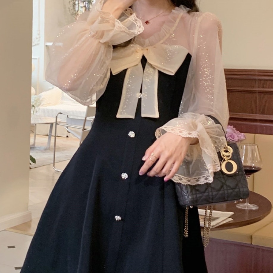 ワンピース ミニ セミフレア キャンディスリーブ リボンタイ シースルー かわいい 大人可愛い きれいめ シンプル キュート おしゃれ 春 夏 デート お出かけ イベント パーティ 韓国 L XL 6,052円