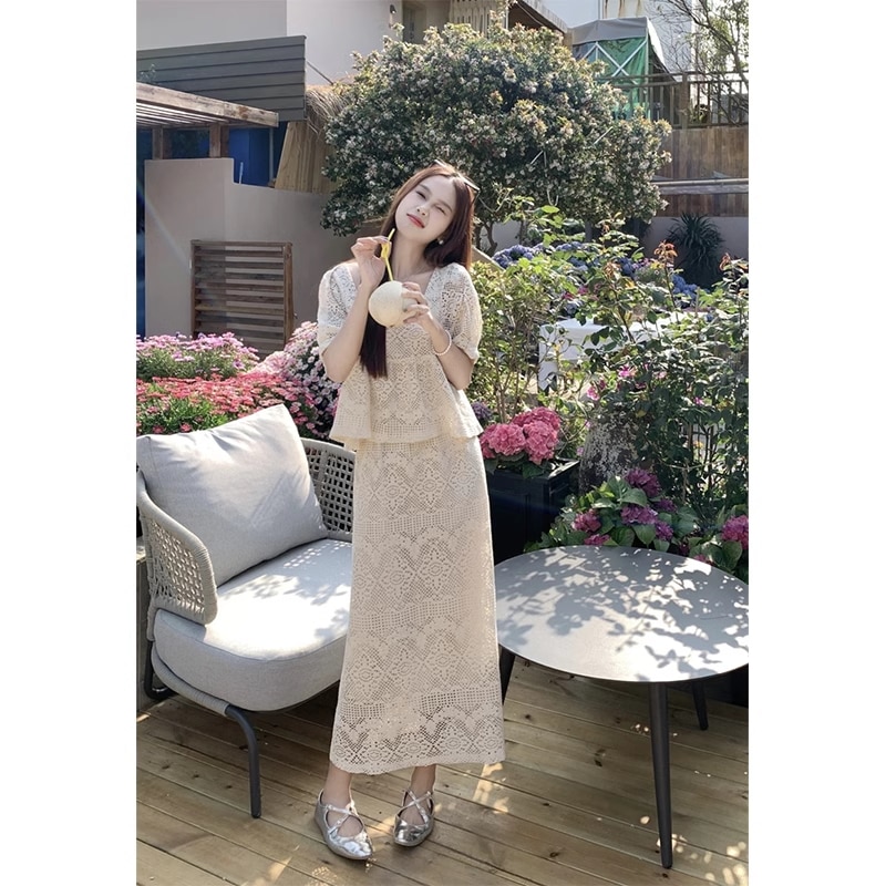 トップス スカート セットアップ カットソー ペンシルスカート タイトスカート 膝丈 ひざ丈 膝下 ミモレ ミモレ丈 袖あり 半袖 スリム 細身 ペプラム レース 編み込み 透け感 2点セット