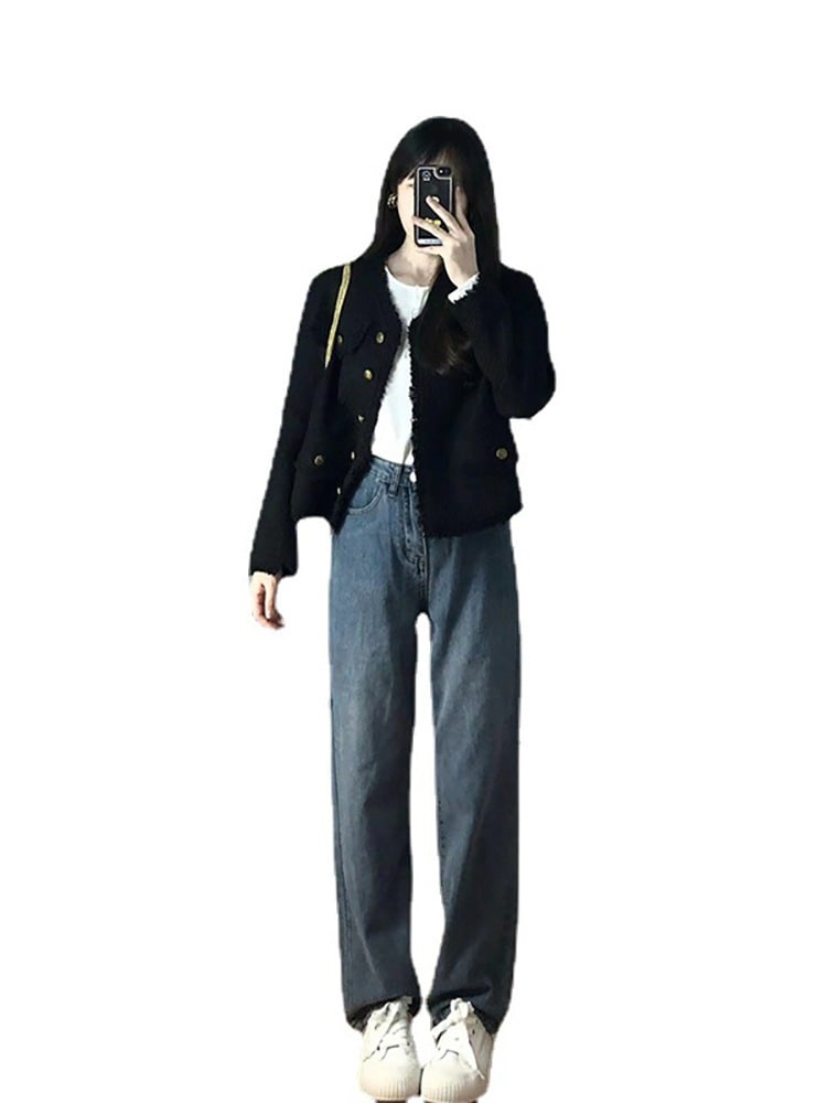 春先の黒の小香コート女春秋フレンチセレブ気質小柄短めトップス