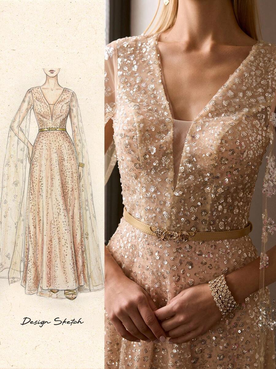 女性用 新作 アプリコット刺繍メッシュケープスタイル フォーマルドレスディープVネック ウエストシンチ ロングガウンラグジュアリーランウェイスタイル イブニングドレス