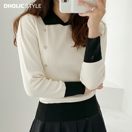 フェイクダブルボタン配色ニット・p438365