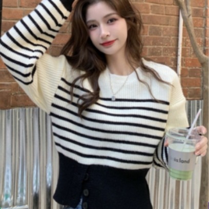 ボーダーショート丈セーター トップス ニット セーター ショート丈 長袖 ラウンドネック 0 4,842円