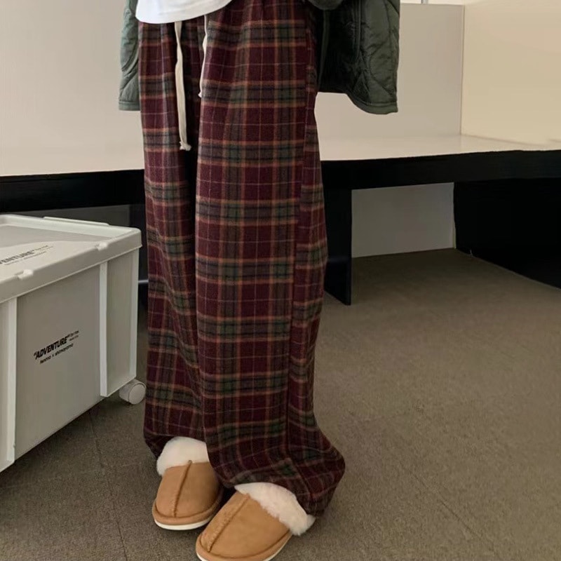 チェック柄ワイドパンツ レディース ボトムス ロングパンツ 大人可愛い カジュアル おしゃれ こなれ感 春 秋 冬 お出かけ 休日 カフェ 楽ちん 普段使い M L XL ゆったり レッド