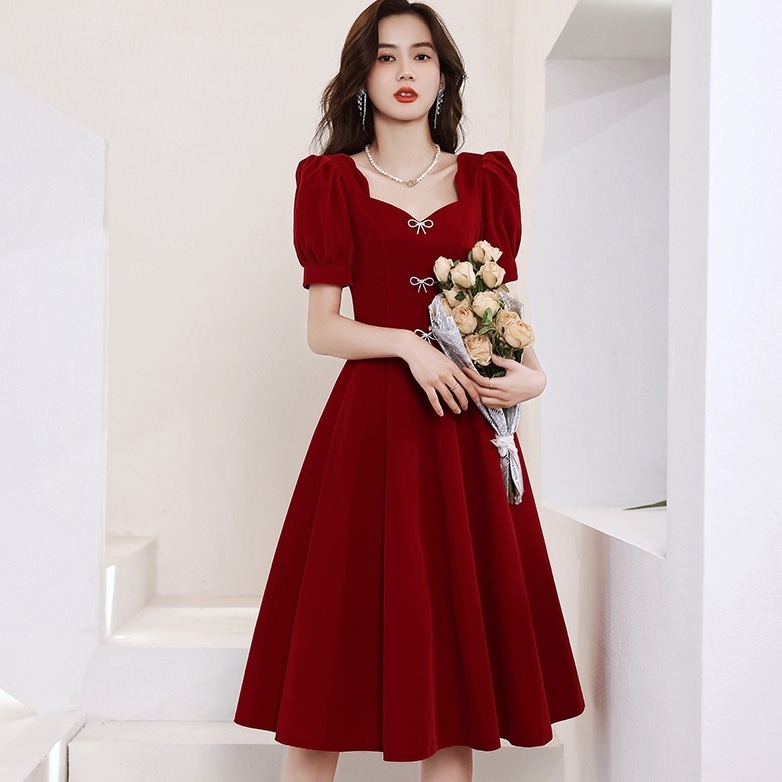 ドレス ワンピース カラードレス 膝丈ドレス フォーマルドレス Aラインドレス 膝丈 ひざ丈 袖あり 半袖 スクエアネック Aライン シフォン フリル バックシャン バックコンシャス かわいい