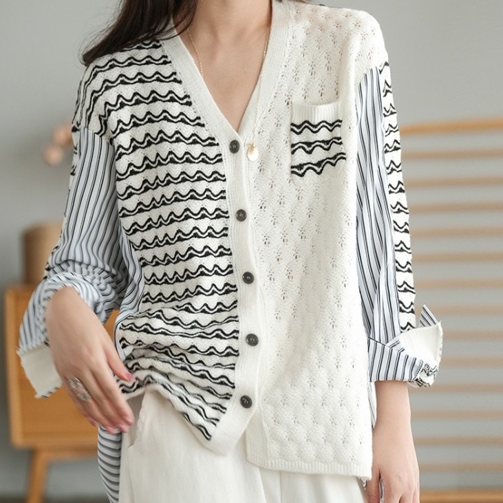 フェイクツーピース レディース トップス シャツ ニット セーター カーディガン 上着 羽織 前開き 長袖 Vネック 襟なし アシンメトリー ふわふわ ポケット 伸縮性 ボタン 異素材ミックス