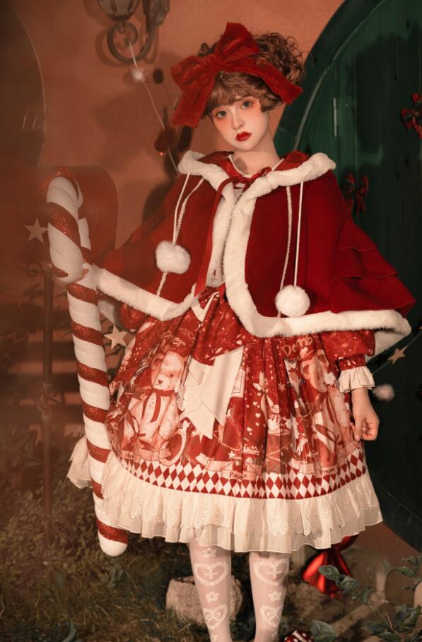 ロリータ ワンピース サンタ コスプレ 長袖 ロリータドレス 可愛い 裾フリル 大きいリボン ゴスロリ ロリータ ドレスlolita サンタ ケープ 耳付き ショート丈マント 春秋冬用 お姫様 ロリー