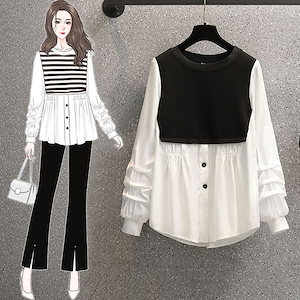大きいサイズの婦人服の新型の丸首の女性の上着はストライプのシャツをつなぎ合わせます