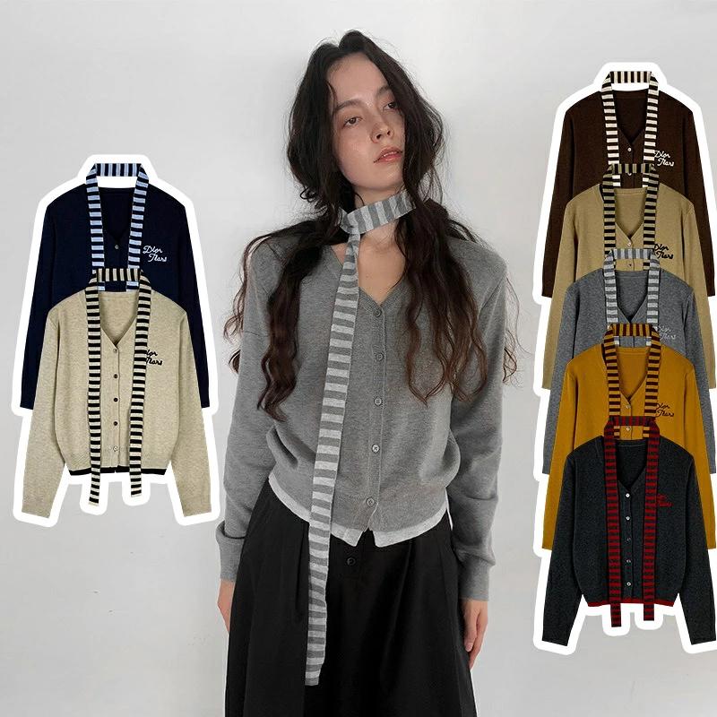 今月の新商品 カーディガン ニット レディース セーター トップス Vネック マフラー付き 襟巻き 前開き 女の子 長袖 カーデ 体型カバー 無地 ナチュラル あたたカーディガン ニット