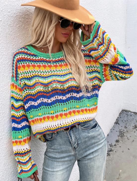 新しいヨーロッパとアメリカのステッチのセーターゆるくてカラフルなラウンドネックニットセーターの女性