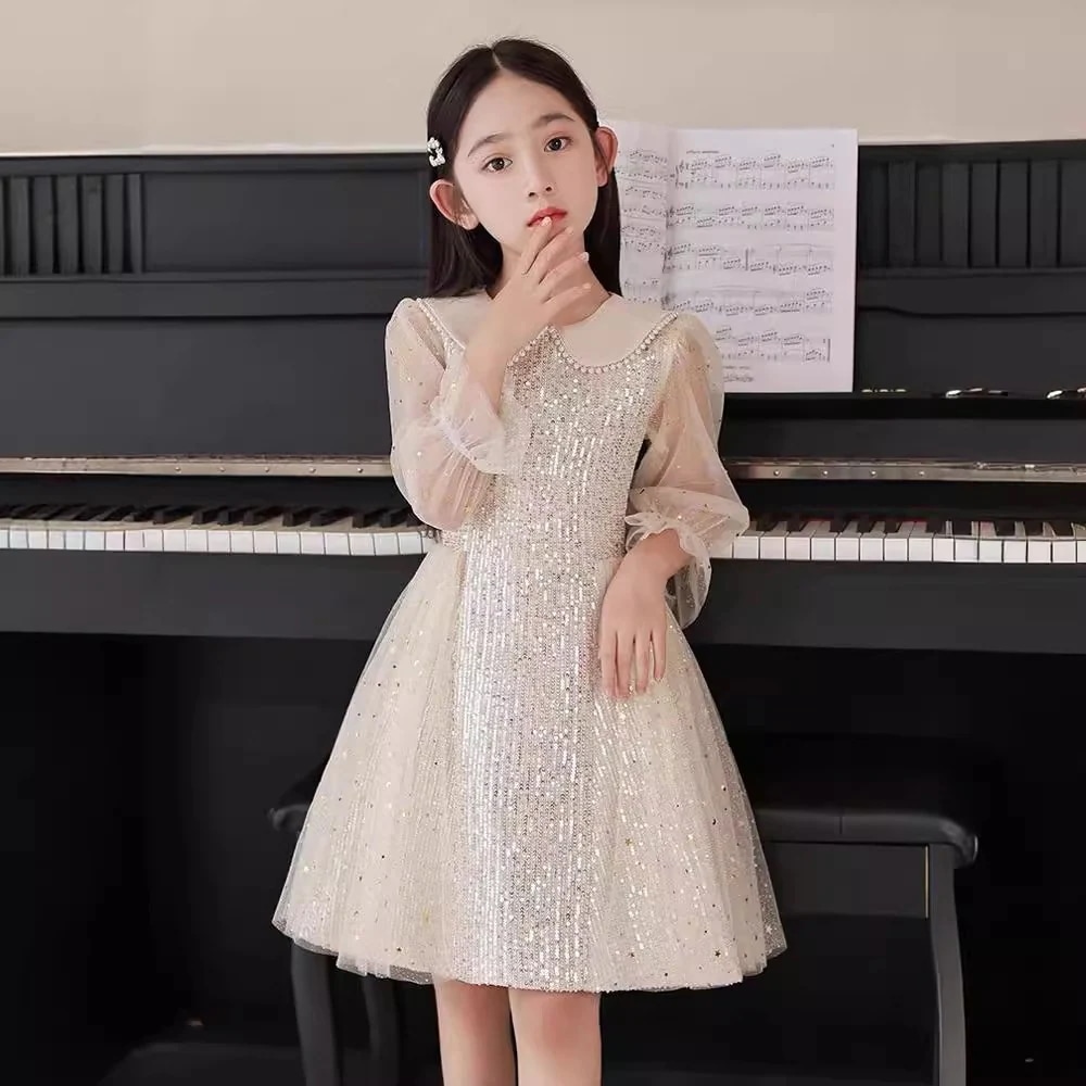 子供用ドレスリトルガール2025春と秋の長袖トレンディデイリーピアノパフォーマンスドレス女性ドレス