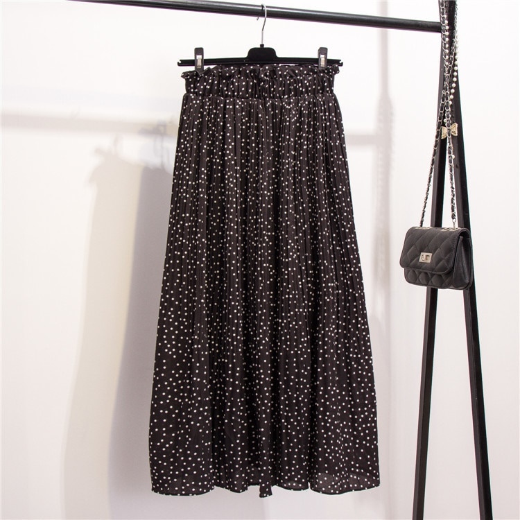 3214.ロング丈 ドット柄プリーツスカート（ブラック）2019 春夏 シフォン ウエストゴム 普段使い 通勤通学