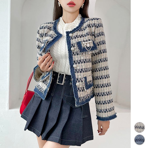 ジャケット レディース 長袖 トップス アウター ツイード タイト 長袖 ノーカラー 上品 きれいめ オフィス 春 秋 韓国 to27960