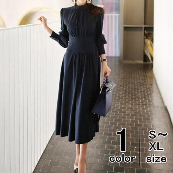 ロングワンピース フレアワンピース レディース スタンドカラー 長袖 ハイウエスト Aライン キャザー きれいめ