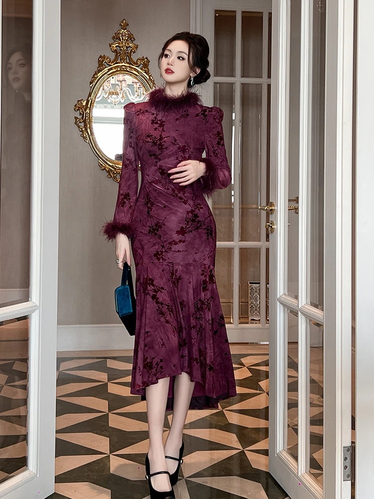 春 中華風 マーメイド ニットワンピース チャイナ ドレス パーティー キャバ 大人 同窓会 披露宴 卒業式 結婚式 演奏会 ウェディング 二次会