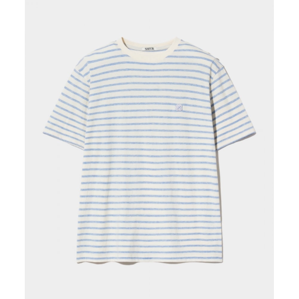 SATUR オールデイベーシックストライプショートスリーブ T シャツブルー