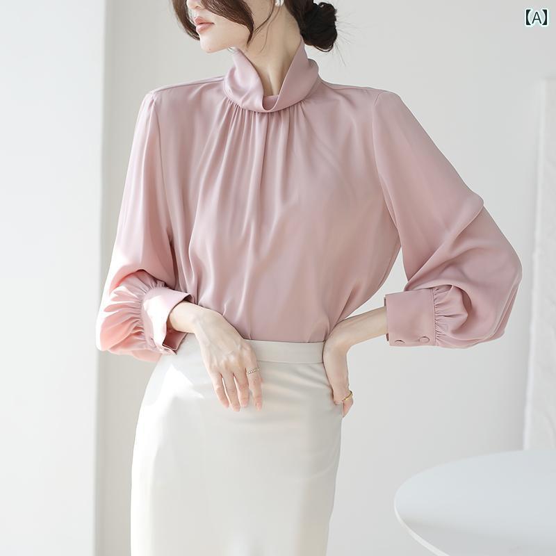 レディース ブラウス フレンチ スタンドカラー プルオーバー シャ 春 宮殿 パフスリーブ サテン ハイエンド ドレープ トップス