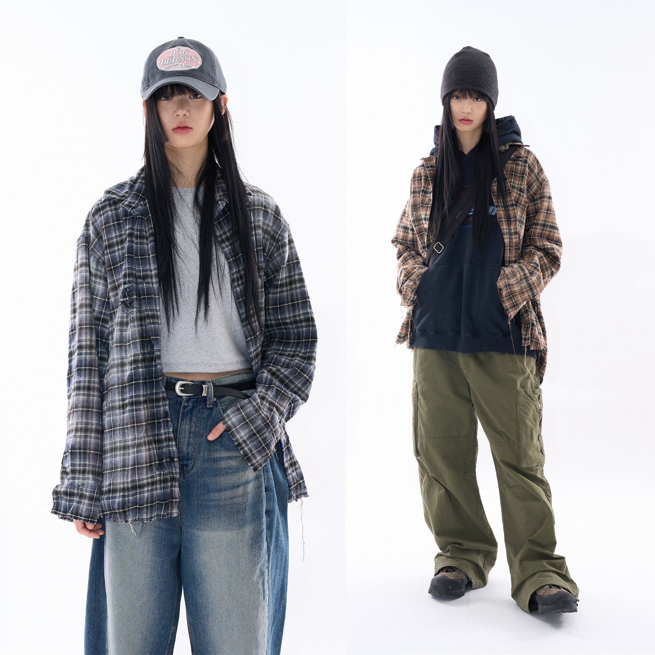 [2024 FW] クアンタ カット オフ ディストレスド チェック シャツ (UNISEX) 韓国ファッション オーバーサイズ スタイル k-pop ファッション 秋冬 ファッション