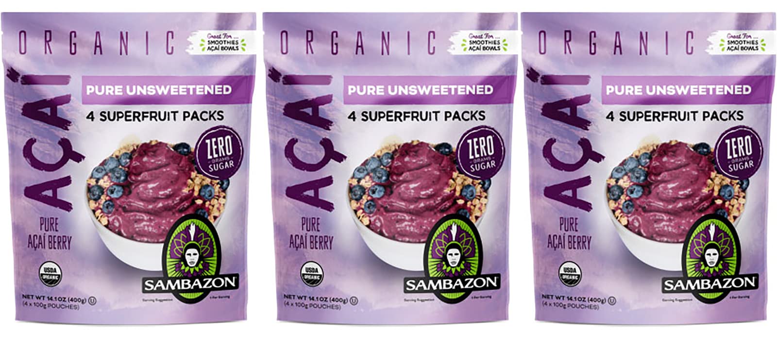 サンバゾン アサイー 冷凍 ピューレ 無糖 400g×3個 (1200g)