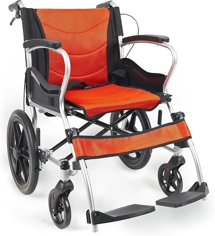車椅子 介助式車いす アルミ製 折りたたみ車イス 自用と介助ブレーキ 簡易 軽量車椅子 コンパクト 組み立て不要 持ち運び 室内・外出適用(オレンジとブラック)