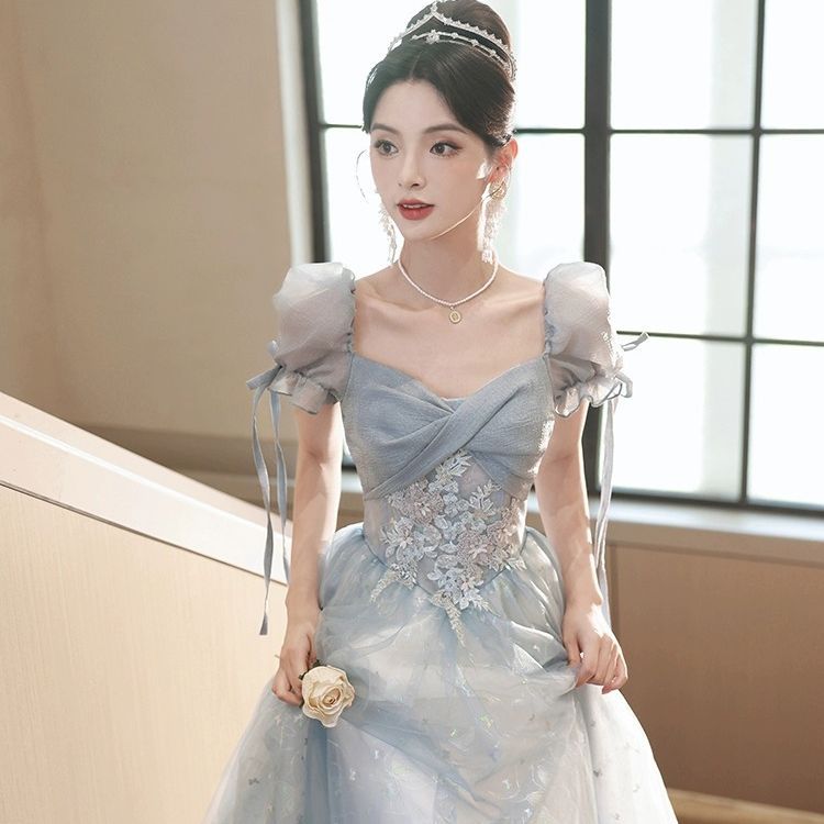 ブルーイブニングドレス宴会ファッション妖精2024気質エレガントプリンセスアートテストホスト成人女性
