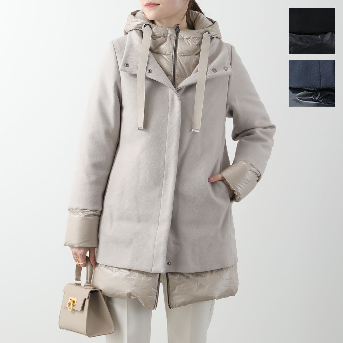 HERNO ヘルノ ダウンコート PI001966D 33344 レディース ナイロン×ウールツイル 切り替え フード付き Aシェイプ 撥水加工 カラー3色 PI001966D333449300