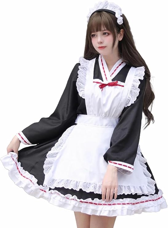 メイド服 長袖 着物 和風 メイド コスプレ 可愛い 和物ドレス ショート丈 フリル ロリータ メイドコスチューム 女性 萌え ハロウィン 仮装