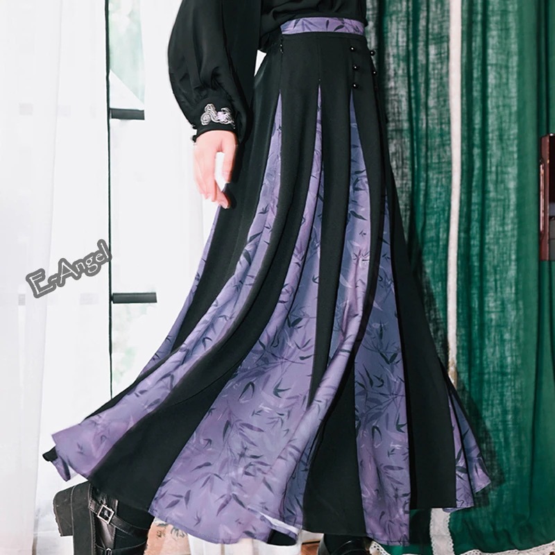 【快速出荷】チャイナ風スカート ロング 黒&紫 竹柄 切り替えスカート ハイウエストスカート ボトムス 中華風 合わせやすい 6,268円