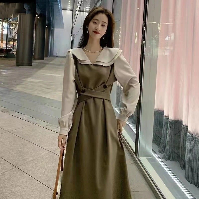 ワンピース ロングワンピース 韓国ファッション 切り替え ドレス 着痩せ スカート 大人気品質ワンピース 秋冬
