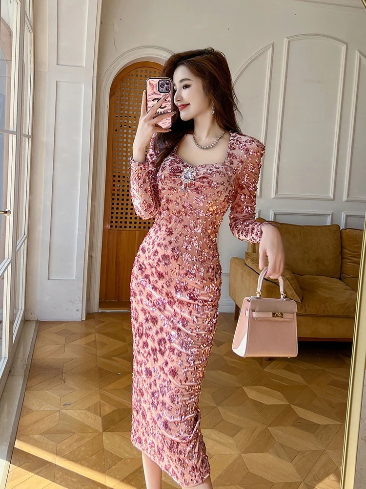 2024秋 シャンパンピンク 新年会 キラキラ ドレス パーティー キャバ 大人 同窓会 披露宴 卒業式 結婚式 演奏会 ウェディング 二次会 メガ割30%までに制限