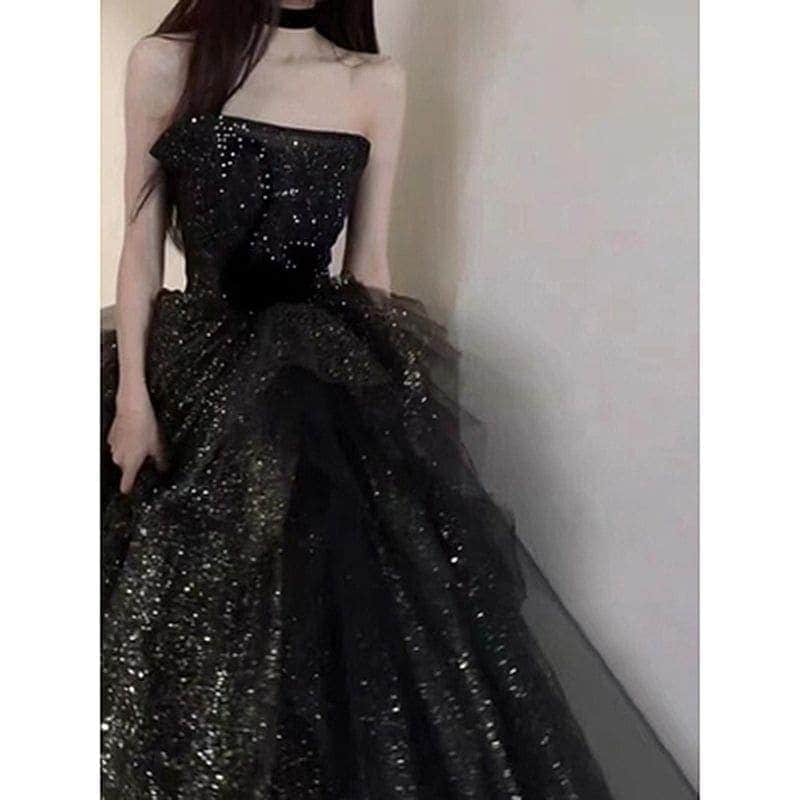 ブラックイブニングドレス成人式宴会芸術試験ホストブフォレストドレス