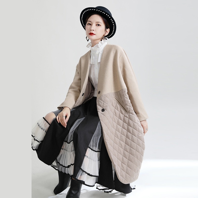 異素材キルティングコート ノーカラーコート レディース 秋冬 Vネック キルティングコート ウール アウター 中綿コート ロング コート 長袖 きれいめ おしゃれ モード系 ２カラー a4081