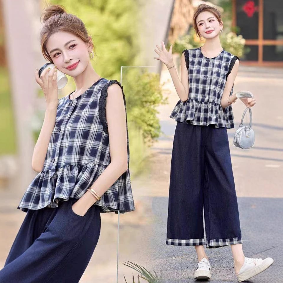 涼しく楽ちんセットアップ 韓国ファッション セットアップ 韓国服ツーピースセット女性2026夏新作小さいサイズノースリーブチェック柄ベストワイドパンツスーツ