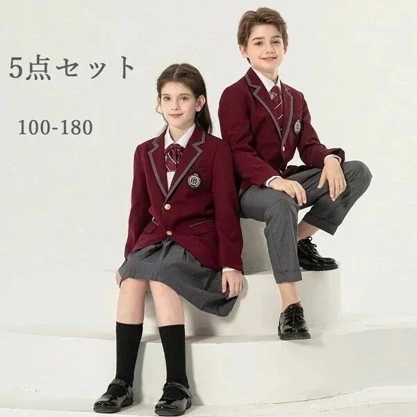 学生服 子供服 韓国風 ピアノ発表会 上下セット 5点セット キッズスーツ キッズフォーマルスーツ 女の子 男の子 高校生 中学生 制服 ジャケット ブラウス スカート リボン 七五三 誕生日 合唱服