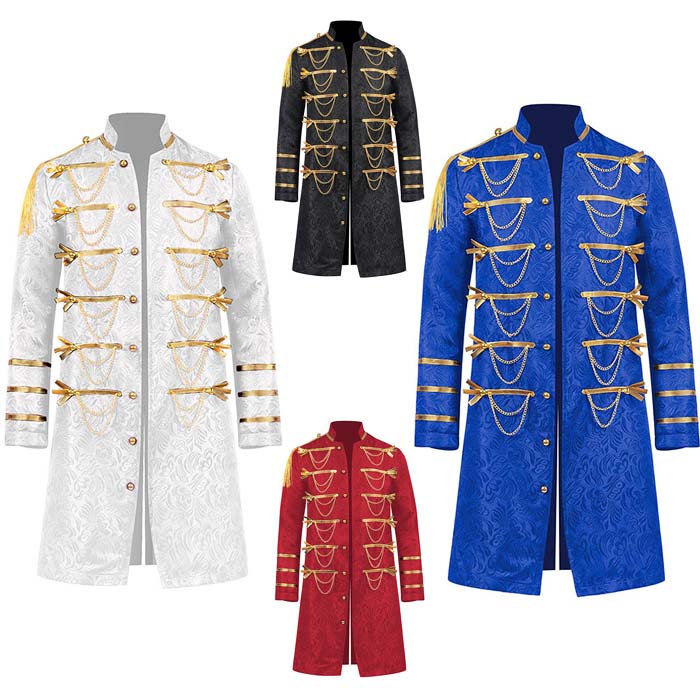 2025新作入荷 欧米ジャケット メンズ 中世 レトロコート 宮廷 紳士服 ジャガード 花柄 ステージ衣装 タッセル メタルチェーン ロング丈 ハロウイン 制服 舞台衣装 立襟 ヨーロッパ コスチュー
