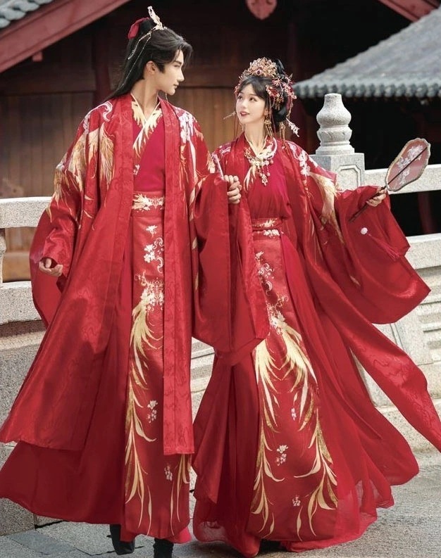 品質良い!店舗お勧め!漢服 チャイナ服 メンズ レディース チャイナ古典風 結婚式 披露宴 新郎 新婦 礼服 中華衣裳 華やか 振り袖羽織付き3点セット 交差襟 赤に金色プリント 鳳凰 中国古代 宋朝