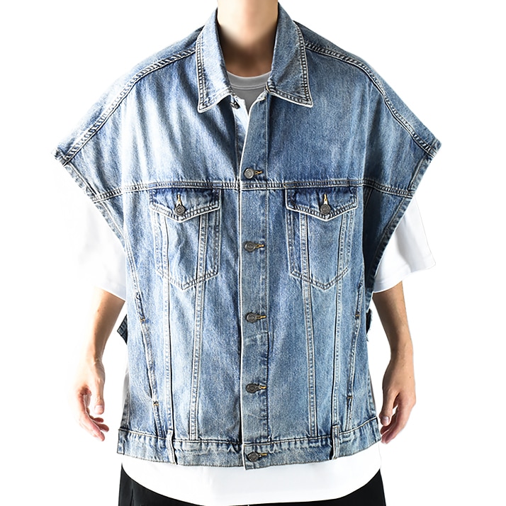ポンチョ風 Gジャン メンズ 大きいサイズ ジージャン 春 夏 秋 冬 デニムジャケット ノースリーブ 袖なし ビッグシルエット オーバーサイズ 古着風 ヴィンテージ加工 ベスト デニムベスト