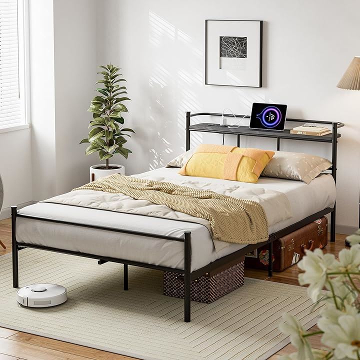 ベッドフレーム パイプベッド 2口コンセント＆USB充電付き セミダブルベッド スチールベッド 収納付きベッド 宮棚付き すのこベッド 2段階 高さ調整 頑丈(ブラック, セミダブル)