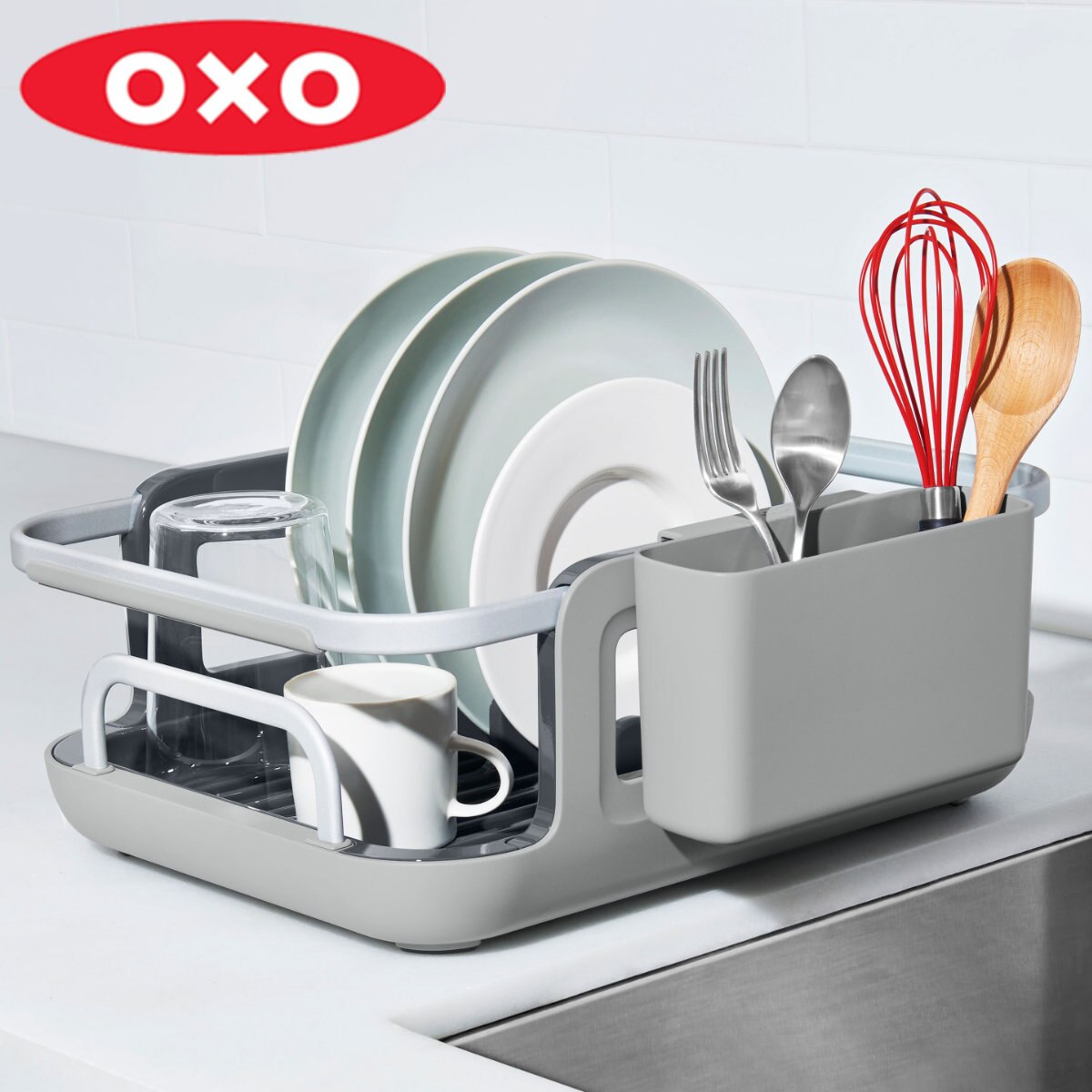 OXO 水切りラック 伸縮式ディッシュラック 2way オクソー 調理器具カップ付き ディッシュラック 伸縮式 水切り ラック 水切りかご 水切りカゴ シンクラック 水切りバスケット 洗い物