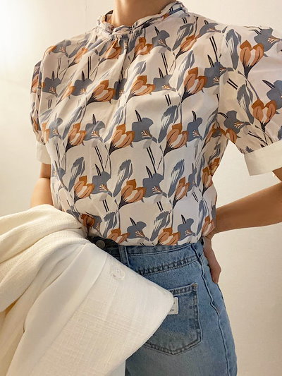 Qoo10 花柄半袖ブラウス 韓国ファッション レデ レディース服