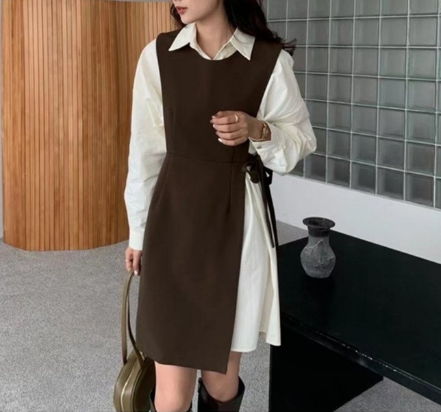 ワンピース スカート シャツ ショート丈 袖あり 長袖 襟付き スリム 細身 ツーピース フリーサイズ ブラウン ブラック ブルー 個性的 抜け感 無地 春 秋 冬 デート お出かけ レディース