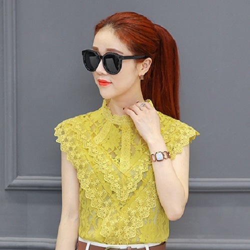 2045.半袖Vラインデザインフリルレーストップス(イエロー)