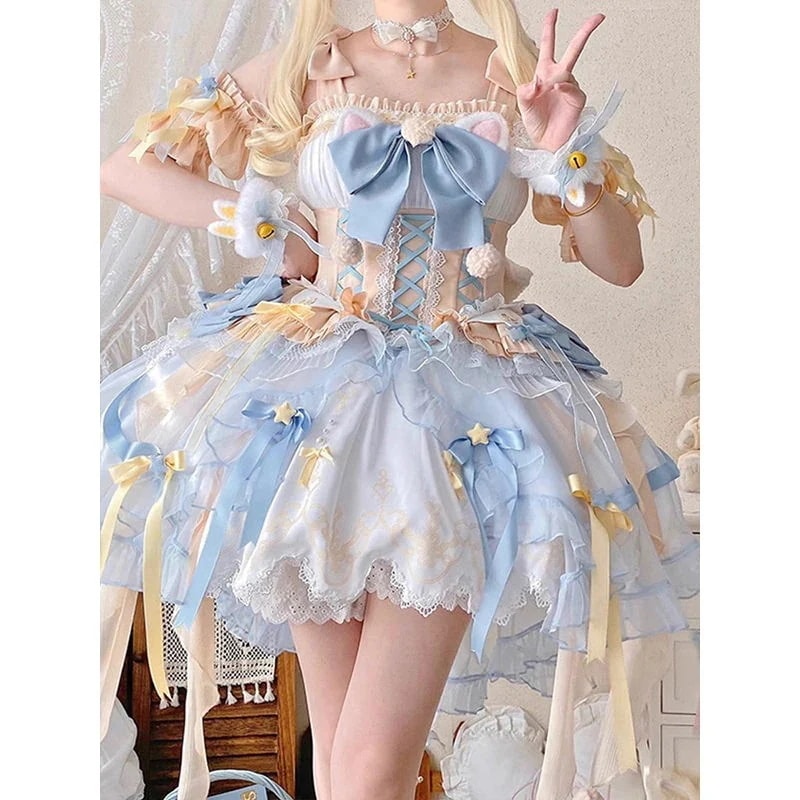 甘いソフト妹風魔法少女lolita黄青ワンピース花嫁ドレスかわいい重工プリンセススカート