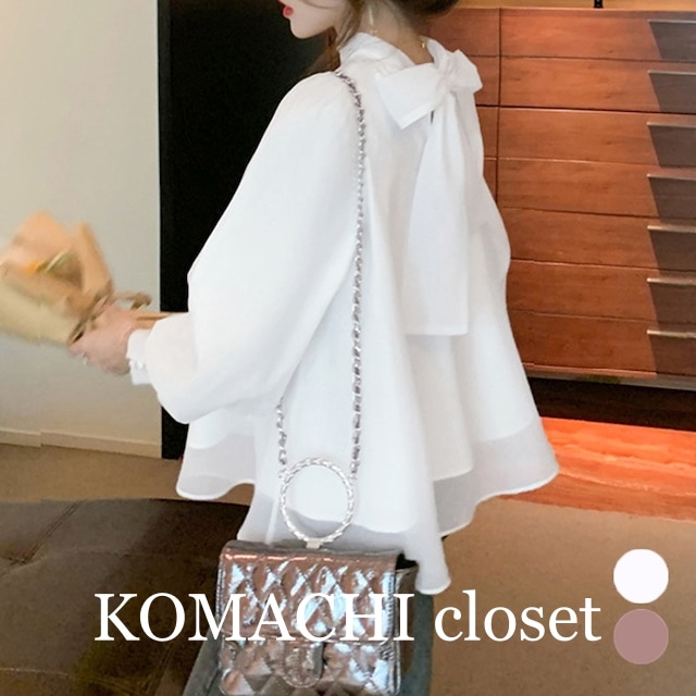 【即納】バックリボンシフォンブラウス レディース ふんわり パフスリーブ フェミニンブラウス ゆったりオーガンジーブラウス きれいめ 女子会 長袖ブラウス 前後2way 春秋夏 フォーマルトップス