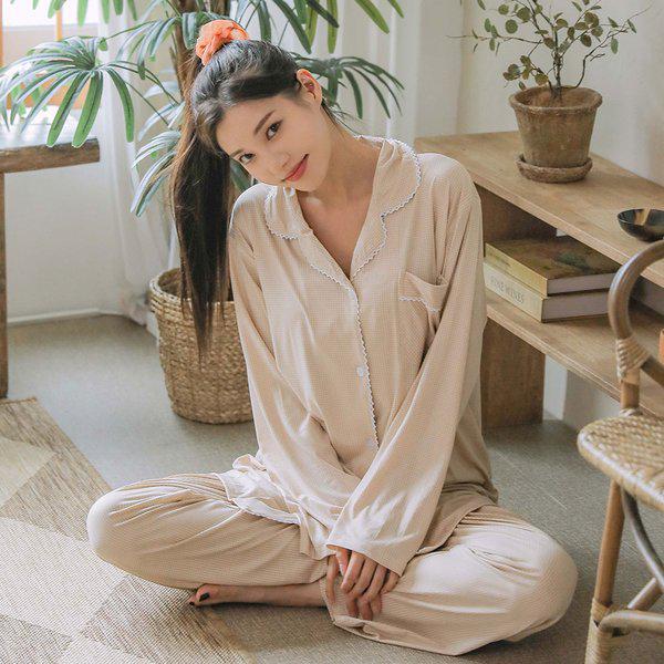 ピーカン長袖春秋パジャマチェックツーピース3color