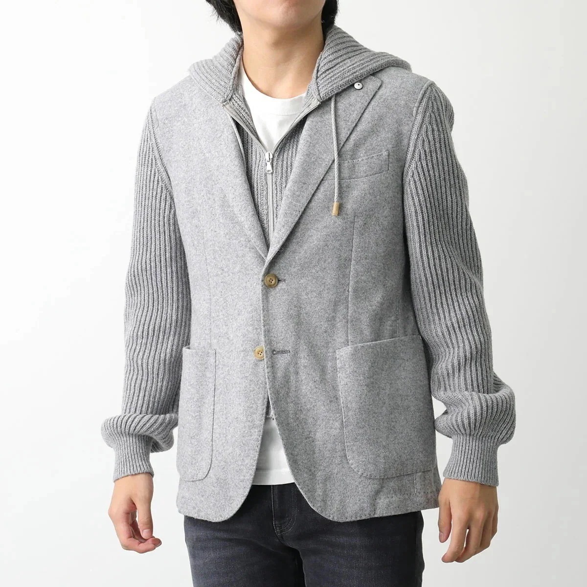 L.B.M.1911 エルビーエム1911 ジャケット 2826 メンズ メランジジャージー シングルブレスト フード リブ編み ブレザー 35700/2